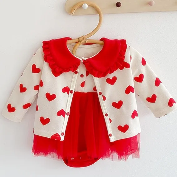 

Baby Girl Cardigan+Dress Romper Red Heart Jacket Cotton 2pcs Clothing Set 3 6 9 12 18 24 Month Newborn Baby Clothes OBS214850