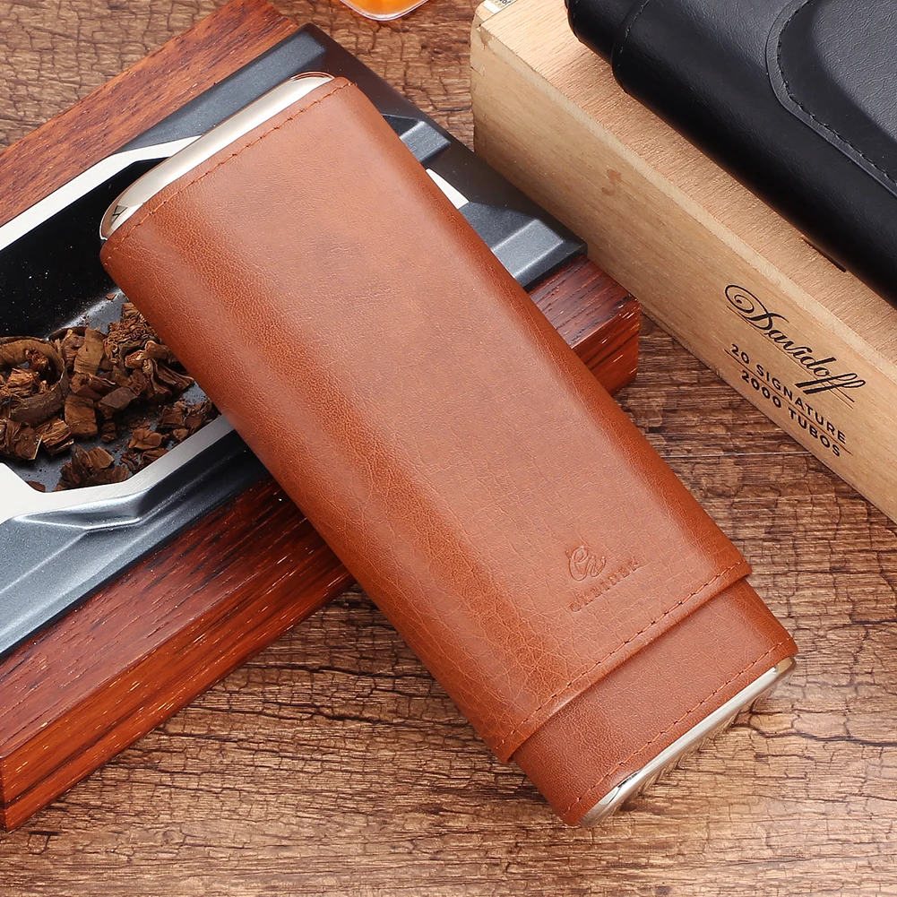 Galiner Travel 3 Tubes Cigar Case Leather Brown Black Portable Mini Humidor Holder Box With Cigar Cutter