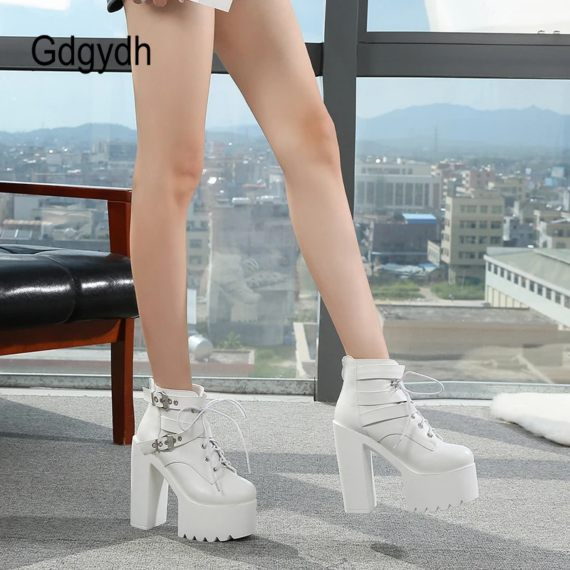 Gdgydh Block Heeled Boots for Women Platform Chunky Moto Boots Crude With High Heel Shoes Nightclub Ankle Buckle Strap Black