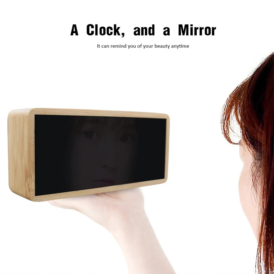 Bamboo Wooden Mirror Alarm Clocks Temperature Sounds Control Desktop Clock With Digital Watch Electronic LED Clocks Despertador