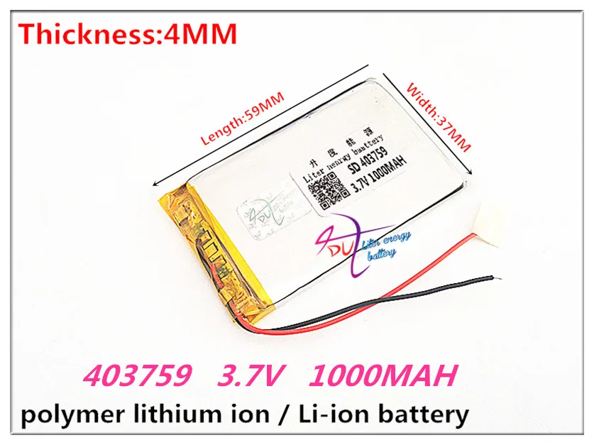 403759 3.7V 1000MAH 383759 Lithium Polymer Li-Po li ion Rechargeable Battery cells For Mp3 MP4 MP5 GPS mobile bluetooth