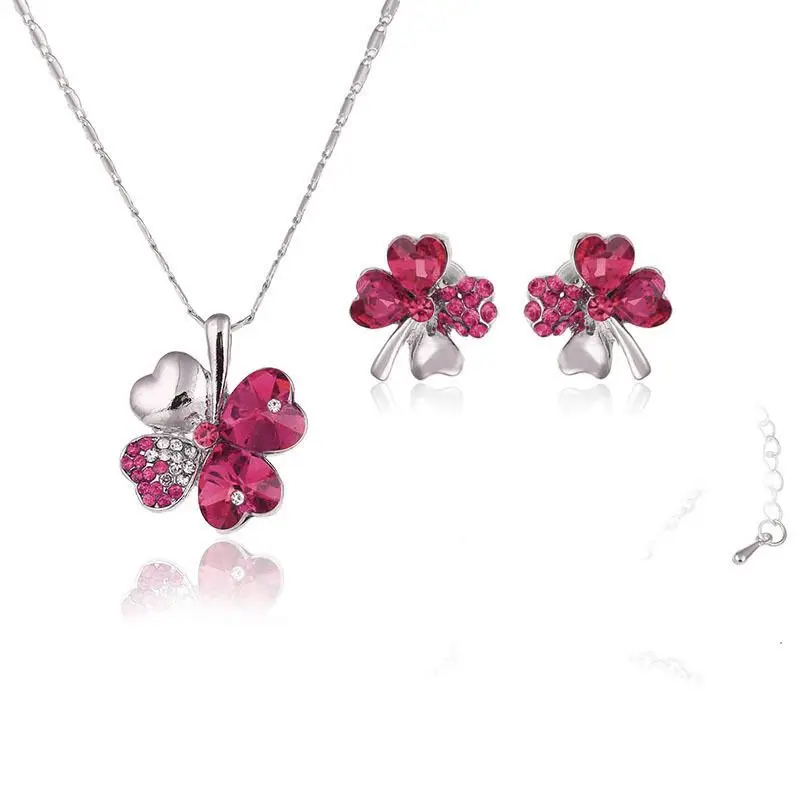 Exquisite Water Drops Austria Crystal Rose Red Pendant Wedding Jewelry Set Women's 925 Sterling Silver Necklace Earrings Gift