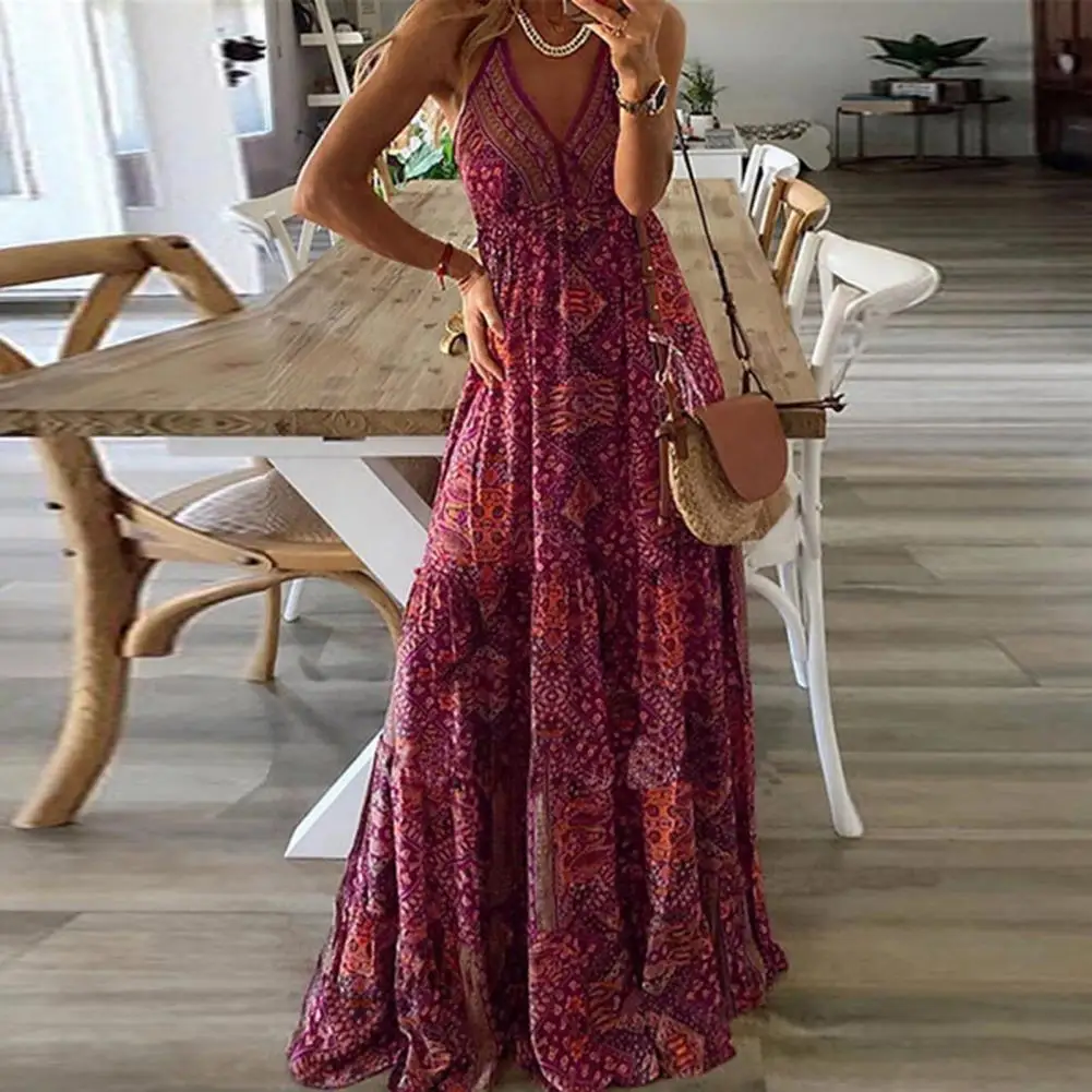 Stijlvolle Boho Jurk Losse Vrouwen Vrouwen Jurk Mouwloos Backless Diepe V-hals Jurk Voor Vakantie Zomer Jurk