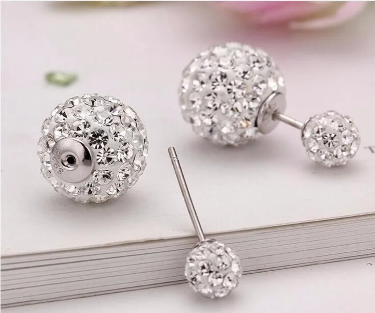 Noble Exquisite 925 Sterling Silver Personality Jewelry New Beautiful Crystal Two Balls Bright Female Earrings SE43