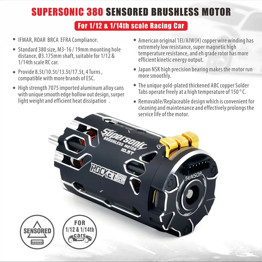 Surpass Hobby ROCKET-RC Supersonic 380 KV2500/KV3300/KV4000/KV5000 2-3S Sensored Brushless Motor For 1/12 1/14 Scale RC Car