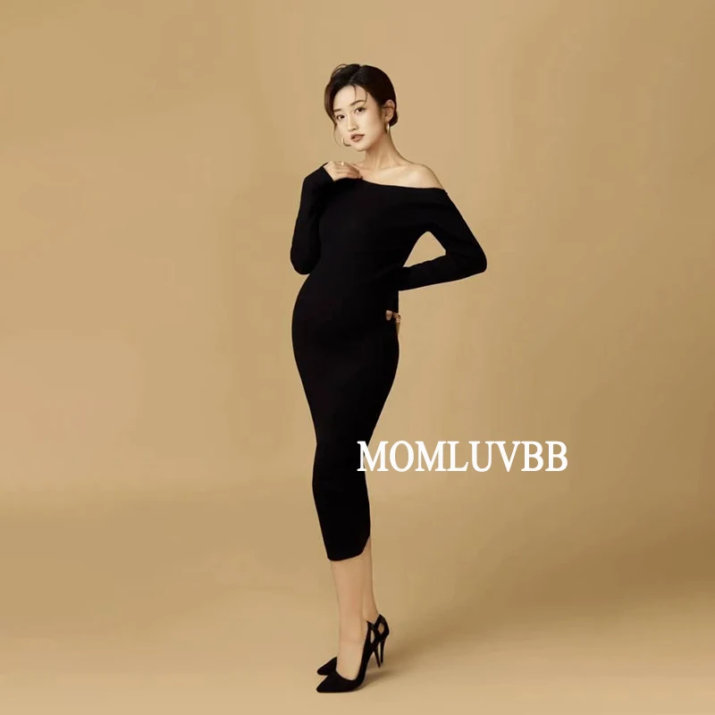 MOMLUVBB Sexy Maternity Dresses for Photo Shoot Full Sleeve Backless Pregnancy Clothes Photography Props Knitted Black Dress