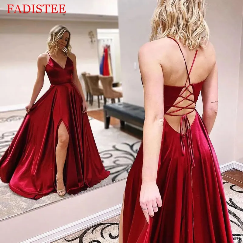 Long Prom Dress V Neck Lace Up Back Spaghetti Strap Satin A Line Split Evening Gowns Robe De Soirée De Mariage