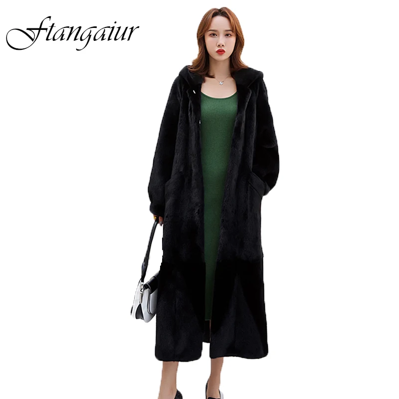 

Зимняя импортная фиолетовая стандартная бархатная норковая шуба Ftangaiur для женщин с меховым капюшоном X-Long тонкая натуральная норковая шуба