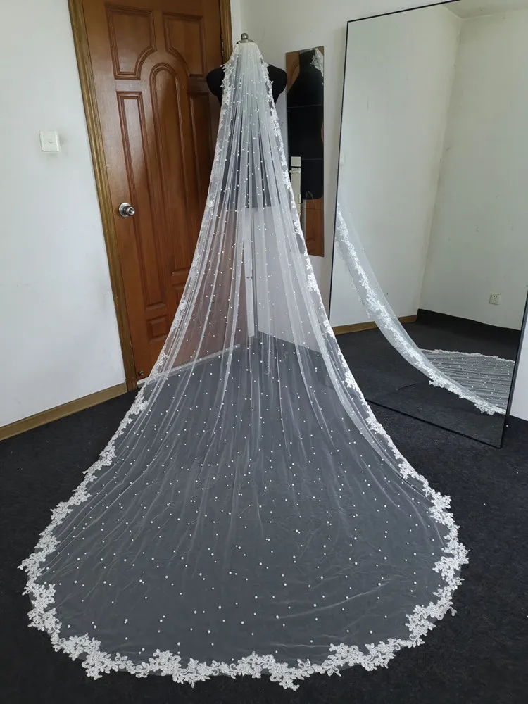 Voile de mariage ivoire blanc, Long de 3 M, en dentelle, une couche, avec perle royale, accessoires de mariage, Photos réelles