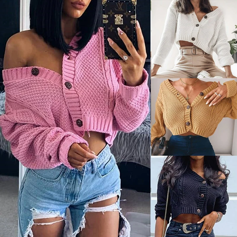 

2020 Autumn Winter Women Casual Elegant Short Sweater Long Sleeve V Neck Knitwear Oversized Button Knitted Women Sweaters Tops