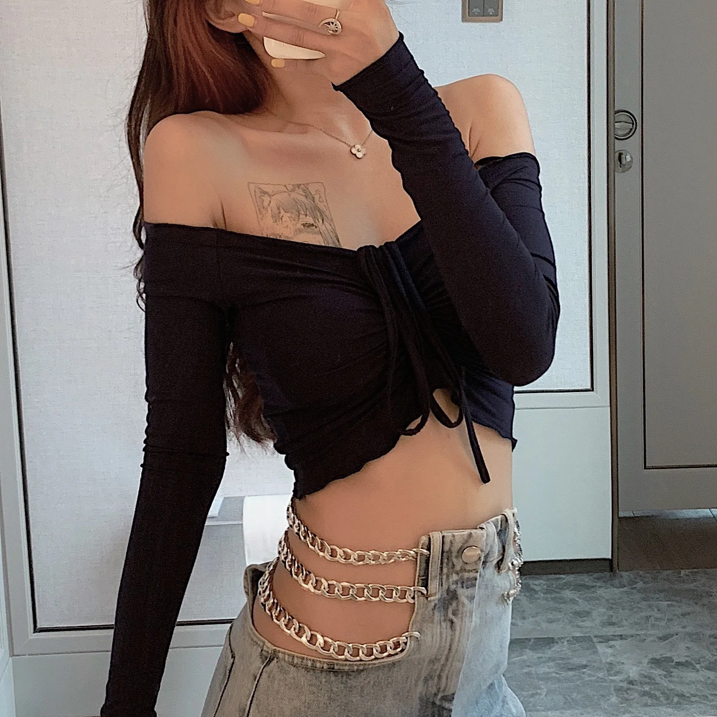 Women Casual Hollow Out Full Length Straight Jeans Female High Waist Chain Patchwork Denim Wide Leg Pant Fashion Clothes New