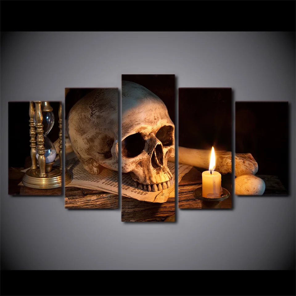 Wall Art Art Canvas Painting 5 Piece Scary Skull Burning Candle HD Printed Home Decor Canvas Picture Halloween Decoration