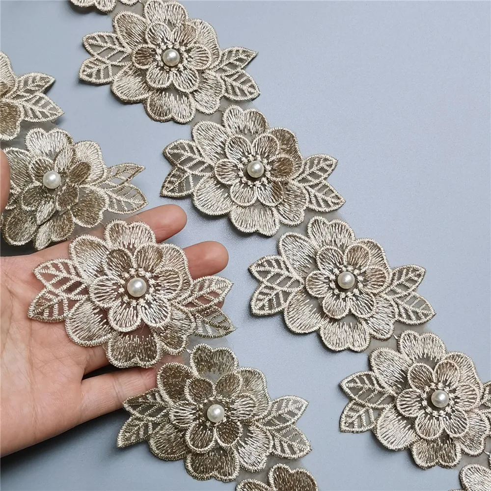 10x Gold Pearl Flower Embroidered Lace Edge Trim Ribbon Fabric Patchwork Wedding Dress DIY Sewing Supplies Craft 7.5cm*8cm