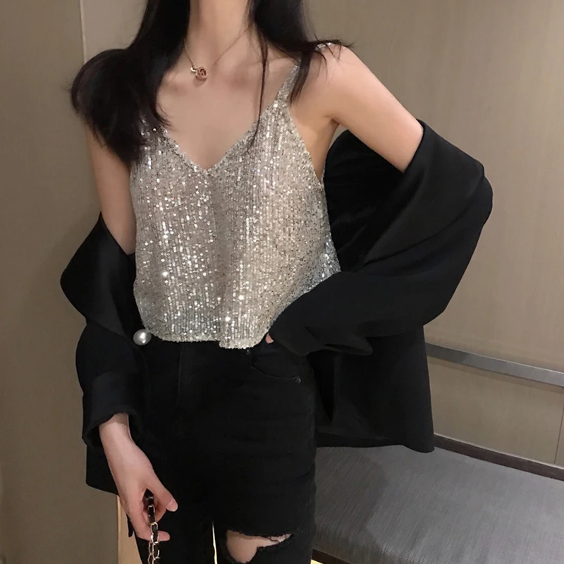 Shining Camisole Sequined Vest Sparkle Sequin Tank Glitter Party Tops Date Party Night Out Streetwear for Teens Girl Summer Tops