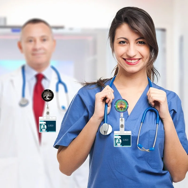 Tree Pattern Nurse ID Tag Clip Name Badge Holder Reel Rotatable Work Card Easy Pull Lanyard Retractable Lanyard Reels