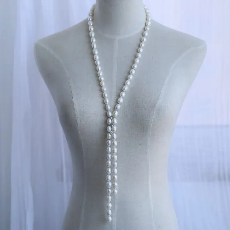 HABITOO New Design 34 Inch Long 8-9MM Natural white Long Freshwater Pearl Scarf Necklace for Women Jewelry Party Wedding Gift