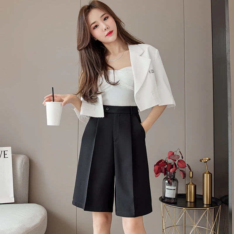 New Wide Leg Capri Bermuda Shorts Mulheres Cintura Alta Branco Preto Draped Suit Shorts Senhora do Escritório Livre Qualidade Bermuda Femme Elegante