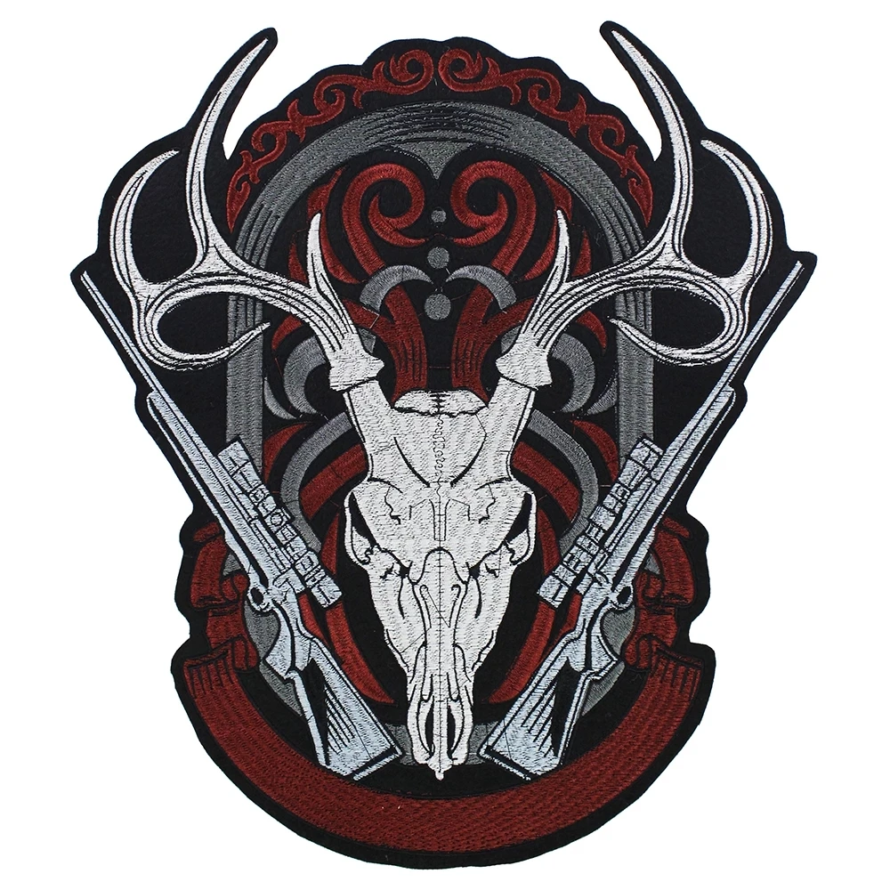 Large Skull Gun Deer Embroidery Patches Iron on TShirt Skeletons Sticker Punk Motorcycle Badge Accessories