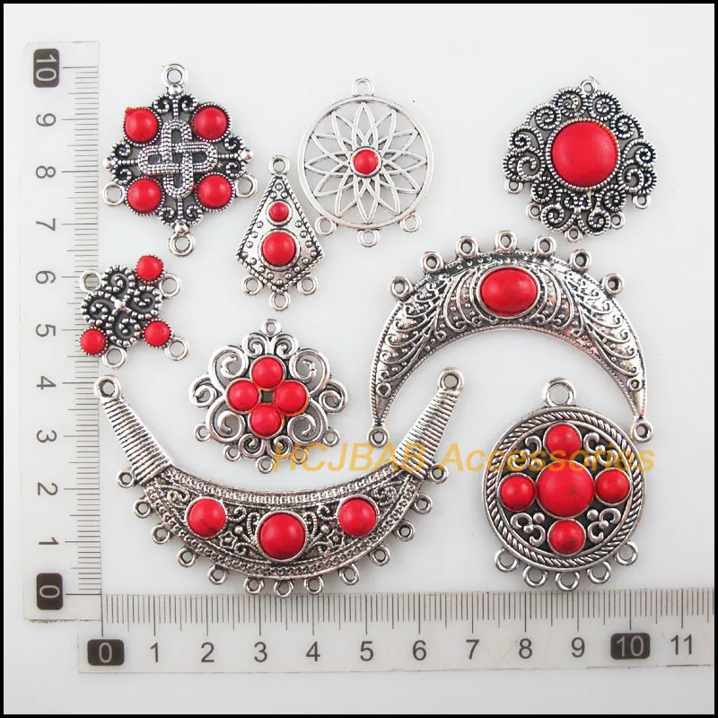 New Red Turquoise Stone Charms Connectors Flower Moon Round Tibetan Silver Plated Pendants Retro