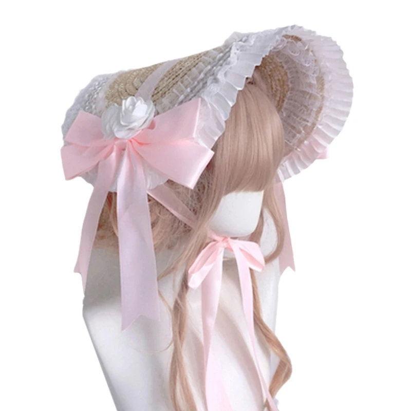 Women Flower Straw Hat with Chin Strap Ruffle Lace Hats Tea Party