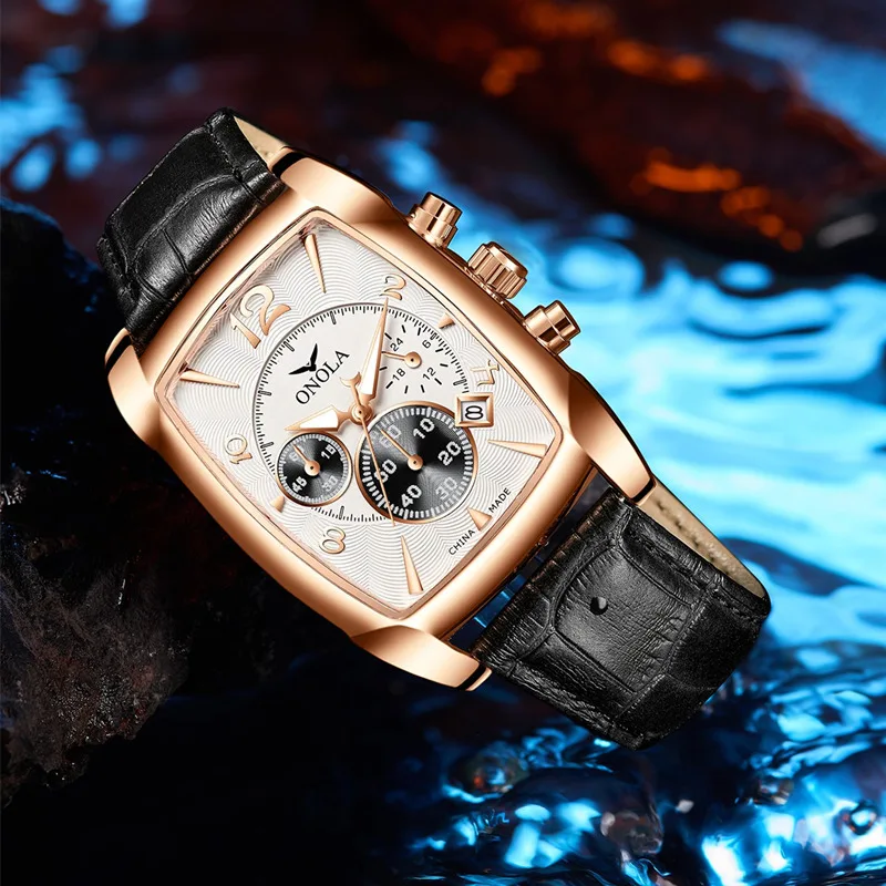 Multi-dial Function Luxury Brand Square Men WristWatches Unique Design Rose Gold Calendar Stop Watch Genuine Leather Male Clock