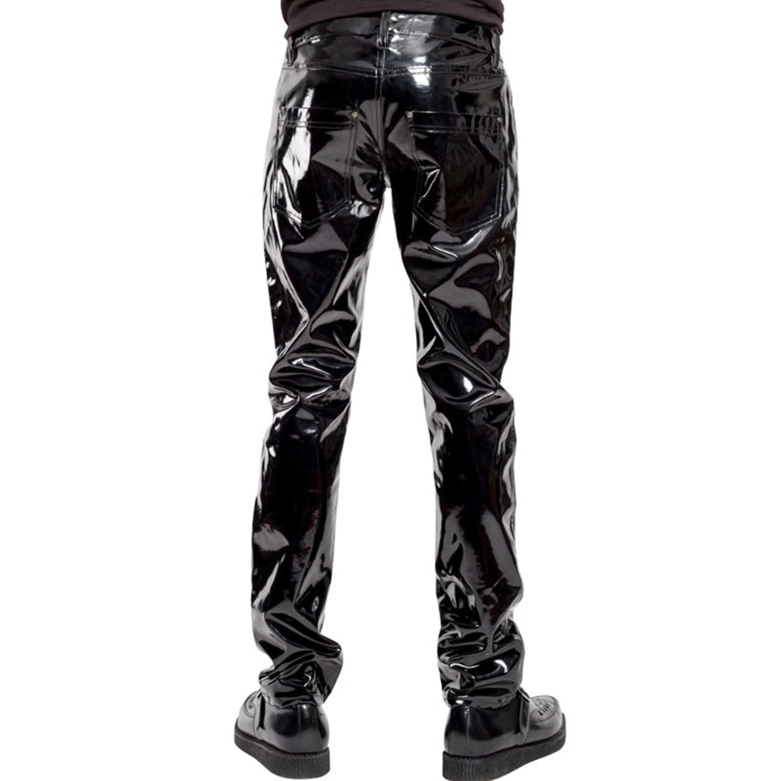 Sexy Men Latex Patent Leather Straight Trousers Mid Waist Button Fly Pencil Pants Glossy Pencil Pants Gothic Punk Party Clubwear