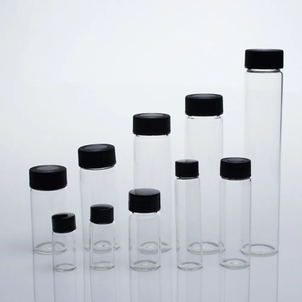 Free shipping 3ml to 50ml Clear Glass sample bottles with black plastic screw cap, essential oil bottle for lab use