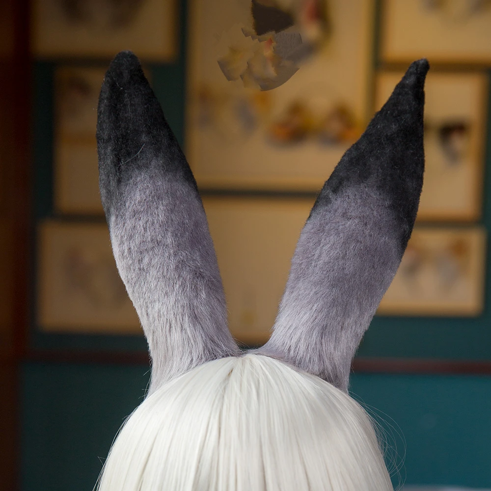 Hand-made Custom Lolita Halloween Cosplay Accessories Simulation Gray Rabbit Buuny Ears Hairhoop Handmade Work