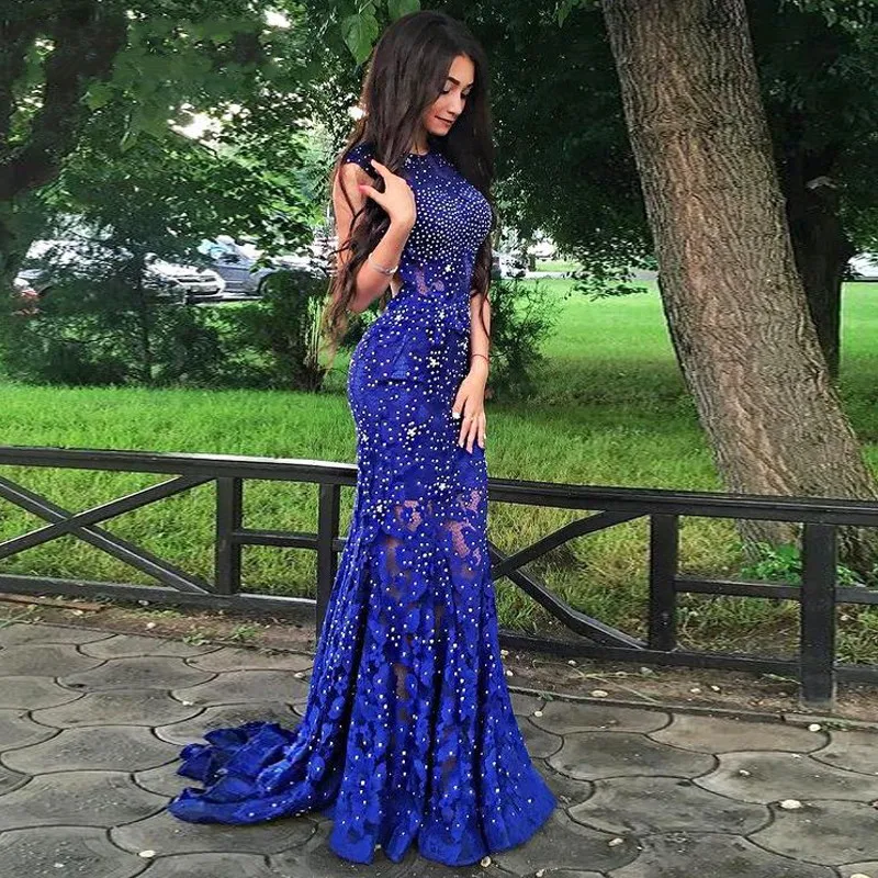 

Royal Blue Lace Evening Dresses 2023 Vestidos Feast Scoop Long Sexy Mermaid Backless Prom Pageant Gowns Robe De Soriee