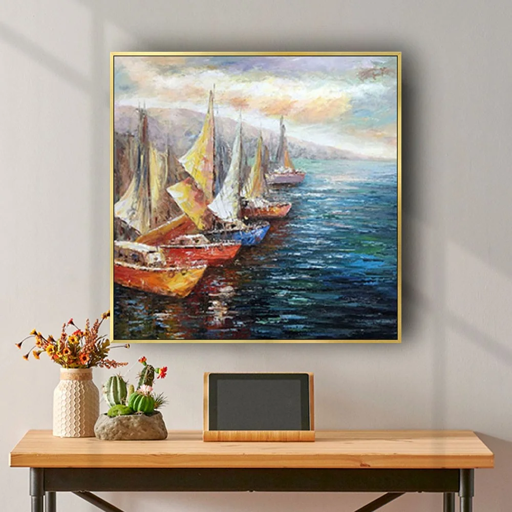 

Hand-Painted Oil Painting Mediterranean Sailing Boat And Pier Seascape Abstract Canvas Wall Art For Live Room Home Decoration