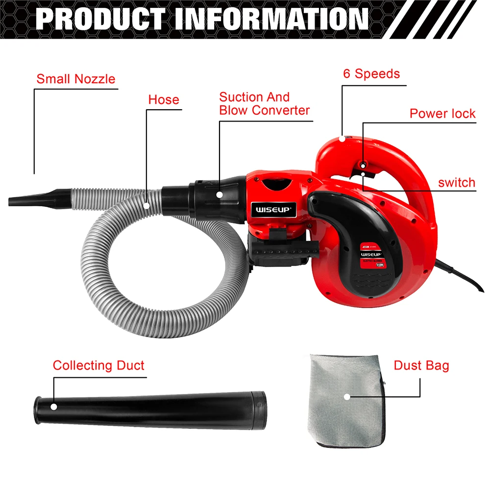 WISEUP 600W Electric Air Blower 6 Variable Speed Snow Blower Leaf  Blower Multi-Purpose Blower/Sweeper/Dust Cleaner Power Tool