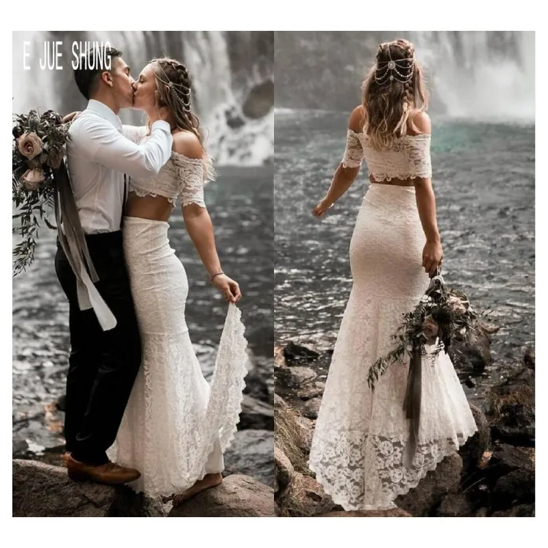 E JUE SHUNG Modern Two Piece Beach Wedding Dresses Off The Shoulder Short Sleeves Lace Mermaid Bridal Gowns Vestidos De Novia