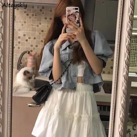 여성용 데님 재킷 크롭탑, 빈티지 레트로 퍼프 슬리브, 루즈한 싱글 브레스티드, 기본 여성 아웃웨어, 올매치 얼짱 시크 튜닉