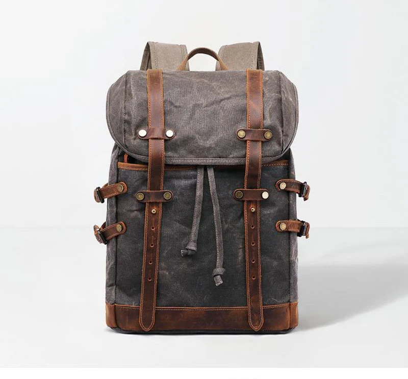 Waterproof Waxed Canvas Backpack Vintage leather men Bagpack large Rucksack School Bag Hiking Backpacks Daypack Mochila