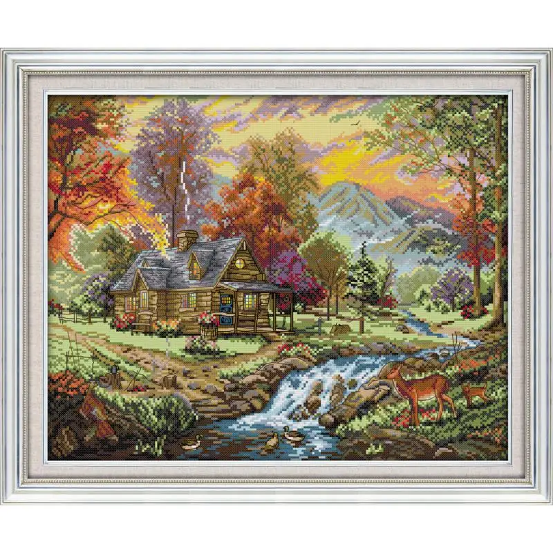 Small Streams of Water Fawn Animal Countryside Huts Beautiful Landscape Holiday Villa Cross Stitch Suite Decorative Painting Set