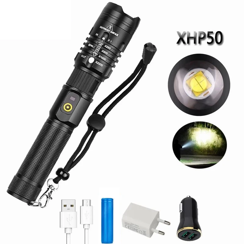 D2 Led XHP70 Xhp50 Flashlight Zoomable Rechargeable Super Bright Usb EDC Torch Light Lamp Lantern 18650 Battery Out Camping Hand