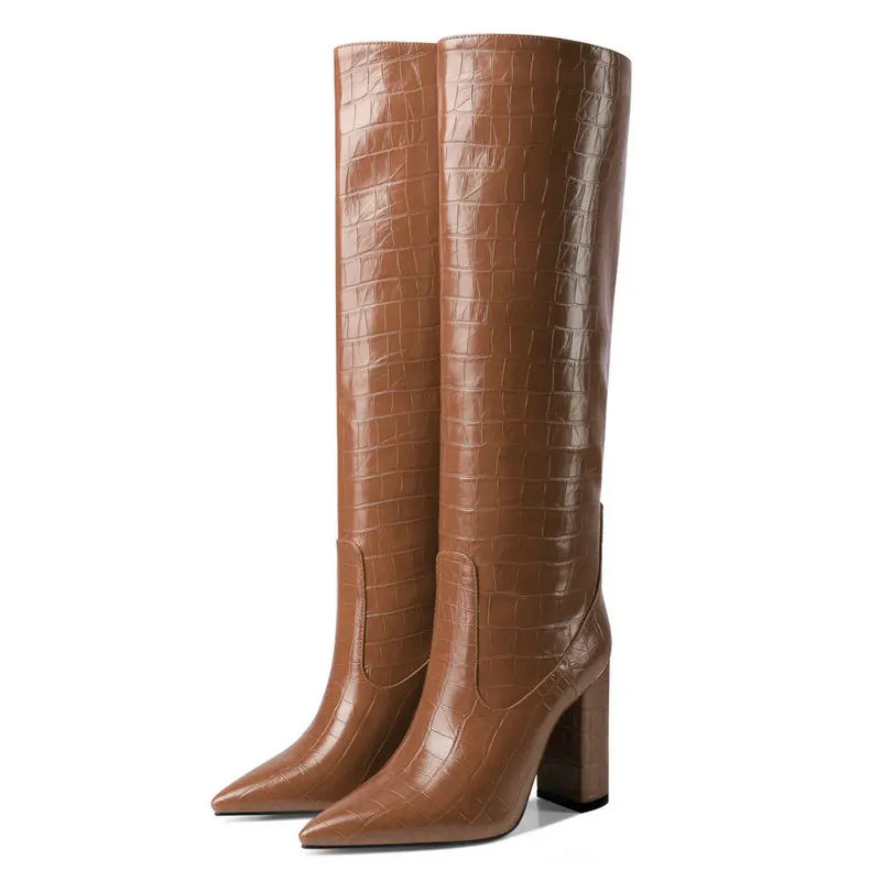 Brown Crocodile Print Knee High Boots Brand Women Boots Faux Leather Pointed Toe Square High Heel Long Boots Winter Boots Woman