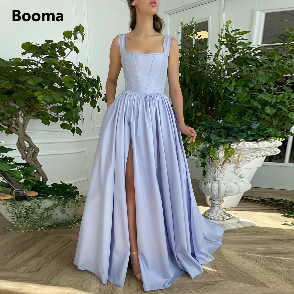 Booma 2021 Lilac Taffeta Prom Jurken Vierkante Hals Hoge Split A-lijn Avondjurken Met Zakken Lace Up Maxi Party jassen