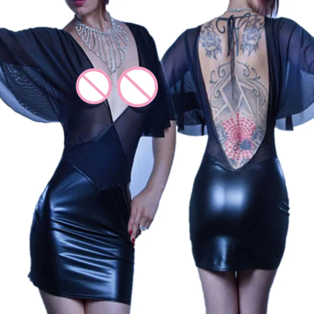 Women Sexy Faux Leather Latex Dress Erotic Deep V-Neck Backless See Through Black Transparent Mesh Dress Fetish Clubwear Dress