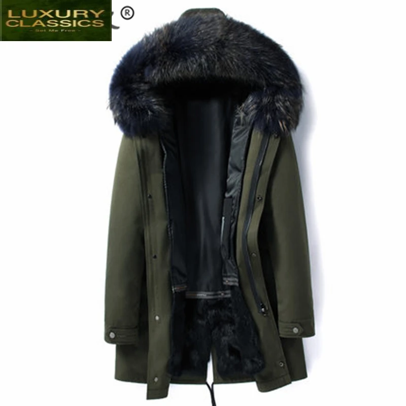 Men Winter Clothes Jacket 2021 Thick Warm Rabbit Fur Liner Long Parka Hombre Streetwear Jacket + Raccoon Fur Hooded 19006