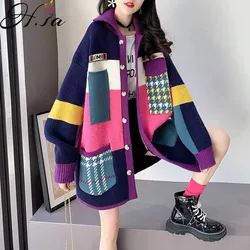 Hsa Frauen Lange Pullover Strickjacken Bunte Patchwork Pullover Mantel 2021 Winter Koreanische Gestrickte Mantel Übergroßen Warme Dicke Strickjacke