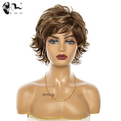 Short Mixed Blonde Brown Synthetic Wigs With Bangs For Women Heat Resistant Fiber Natural Wavy Pixie Cut Hair Wigs XISHIXIUHAIR