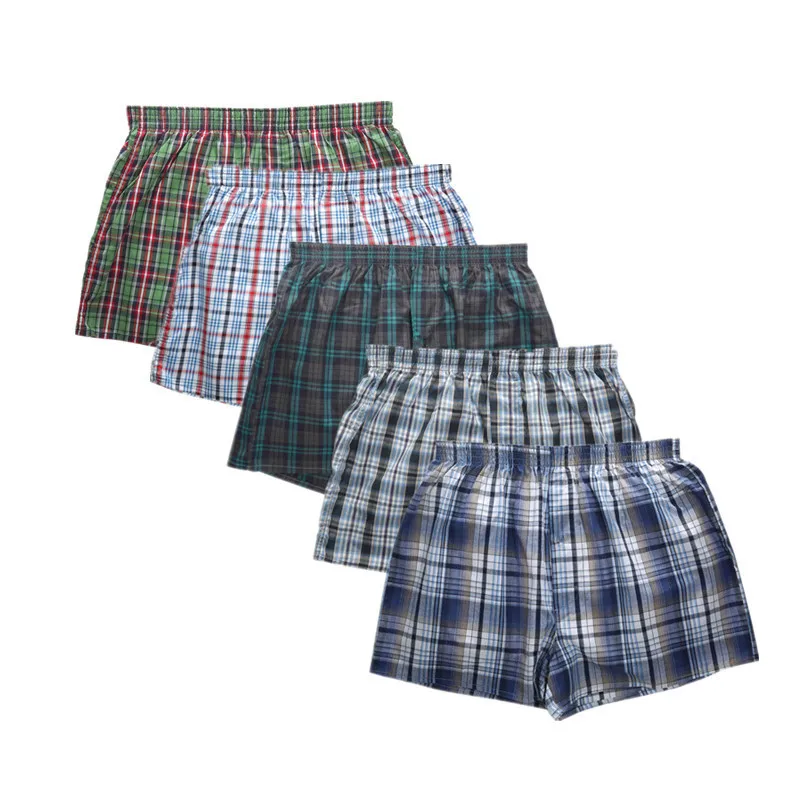 100% Cotton 4 Pcs Men\'s panties Underwear male Boxers Shorts Casual Sleep Underpants Plaid Loose Comfortable Homewear Striped