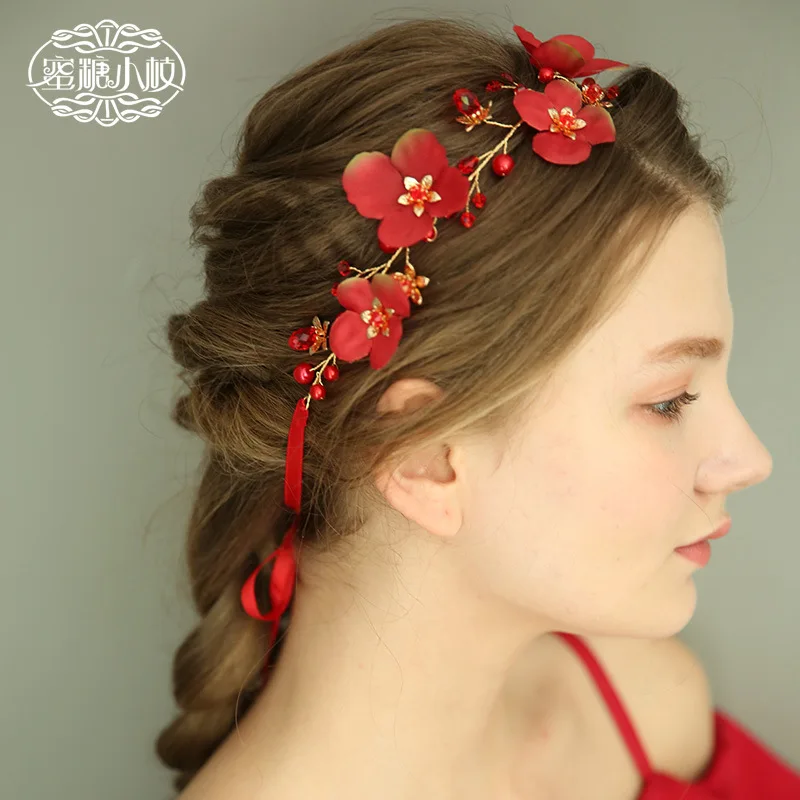 Estilo chinês neo hairpins noiva acessórios de cabelo chaplet ou bandana com flores vermelhas para o casamento