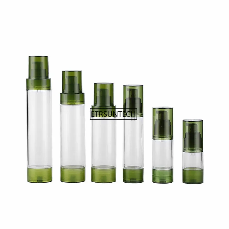 100pcs 15/30/50/80/100/120ml Green Refillable Airless Pump Bottle, Travel Lotion Container, Plastic Cosmetic Dispenser