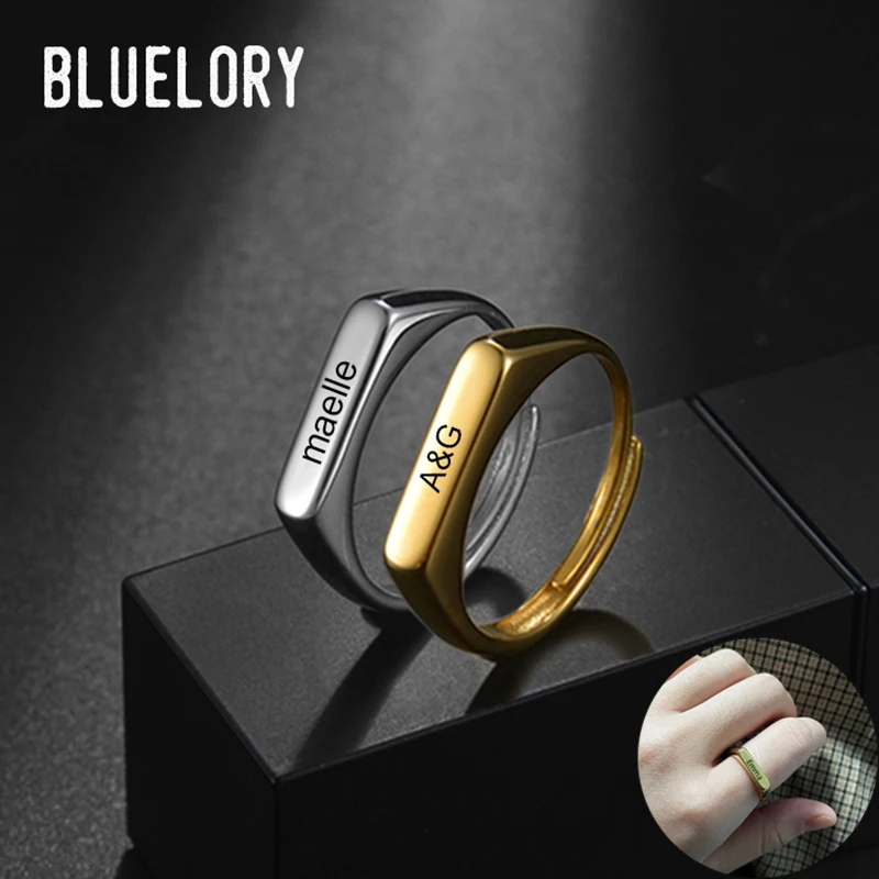 Bluelory Personalized Stainless Steel Women Name Ring Gold Silver Engraved Names Letter Date Custom Adjustable Rings Jewelry