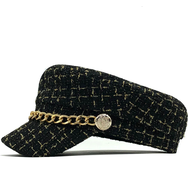 2019 New women hats Tweed plaid newsboy caps chain flat top visor cap vintage plaid military cap female autumn winter hats