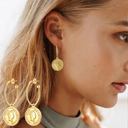 Stainless Steel Queen Elizabeth Coin Hoop Earring Gold Color Hoops Huggies Dangle Earring Women Girls Female Gifts