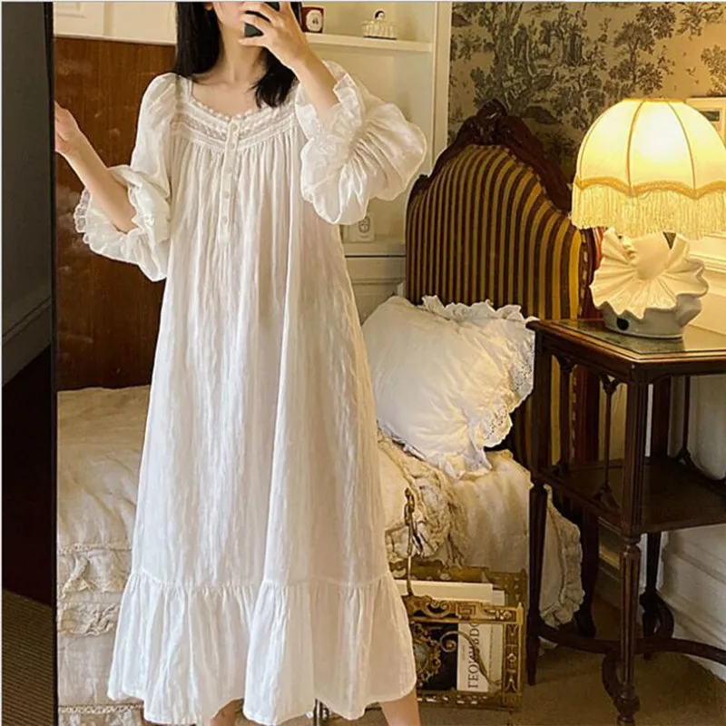 Women Cotton Sleepwear White Loose Mid-Calf Long Home Dress Spring Autumn Full Sleeves Nightwear Princess Vintage Nightgowns