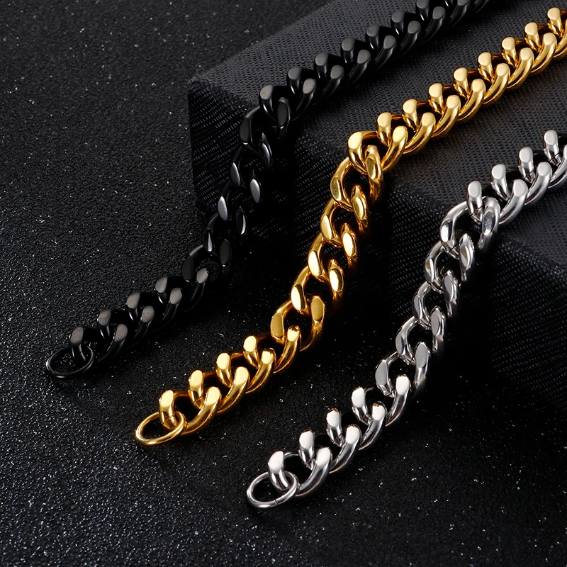 Kalen 11mm Dubai Gold Color Link Bracelet Men 16-24cm Black Cuban Chain Stainless Steel Jewelry